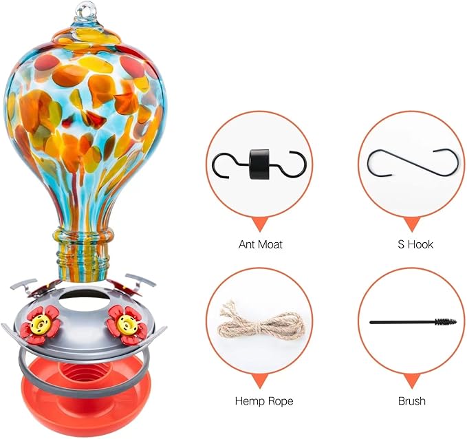 Muse Garden Hummingbird Feeders Blown Glass Hummingbird Feeder, Garden Backyard Decor for Outside, 32OZ, Hawaii Beach