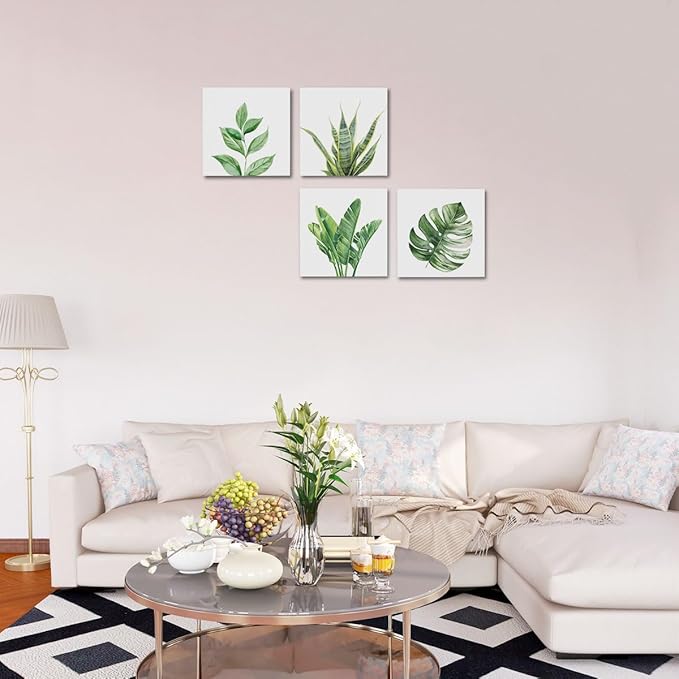 4 Pcs Watercolor Plant Canvas Wall Art Framed Plants Decor Art Posters Pictures Wall Decor Tropical Plants Green Leaves for Decoration boho decor Artwork for Walls Home Bedroom Office