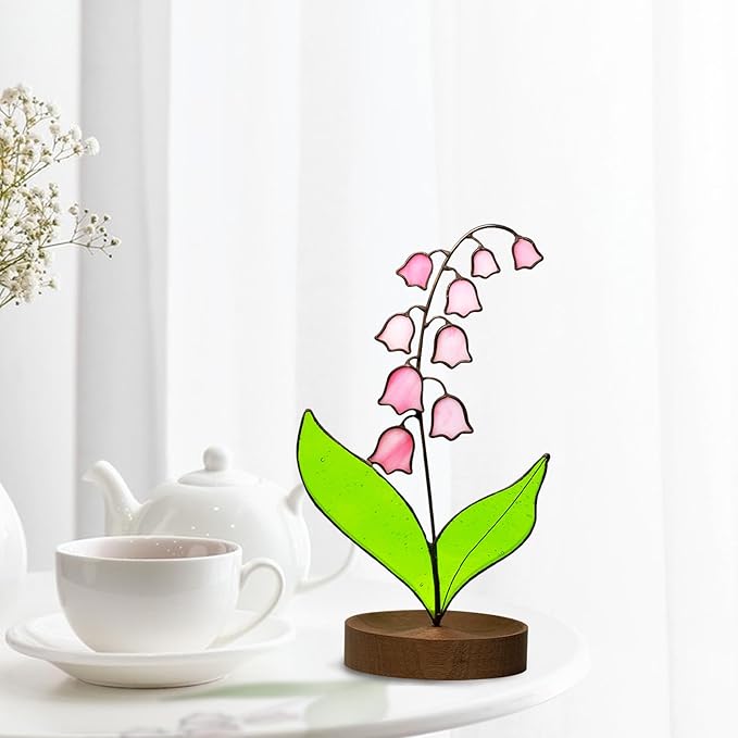 Lily of Valley Stained Glass Decor, Handmade Real Stained Glass Lily of Valley Flower Suncatchers with Walnut Wood Base, Cute Desk Windowsill Decor Plant Gifts for Women,Mom,Plant Lovers (Pink)