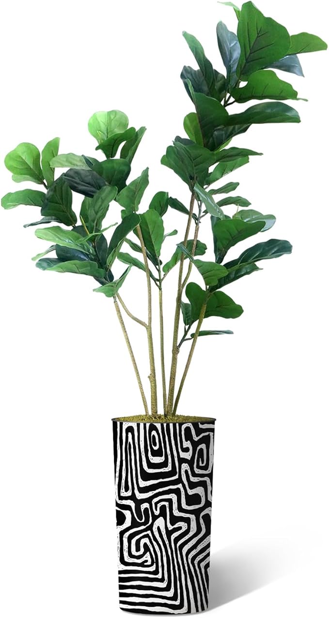 Artificial Tree in Modern Geometric Pattern Planter, Fake Ficus Lyrata Silk Tree for Indoor and Outdoor Home Decoration - 66" Overall Tall (Plant Pot Plus Tree)