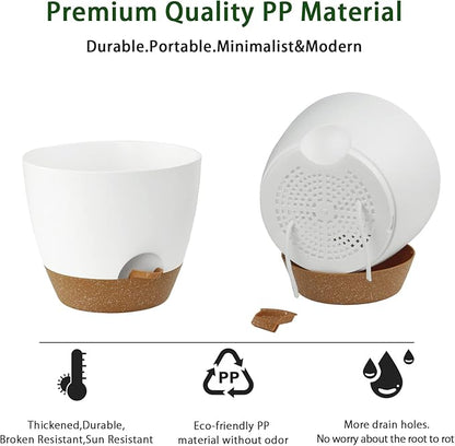 UUBEMM Self Watering Planters with Drainage Holes, Set of 3 Plastic Plant Pots with Deep Reservoir for Indoor Outdoor Garden Flowers Plants,10+9+8 Inch (White)