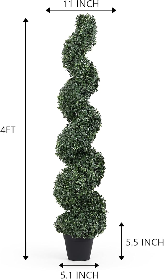 4ft Spiral Topiary Trees Artificial Outdoor Set of 2 – UV Resistant Faux Boxwood Plants for Outdoor Planters, Fake Bushes & Shrubs for Front Porch Outside Decor (4 Foot/48 Inch)