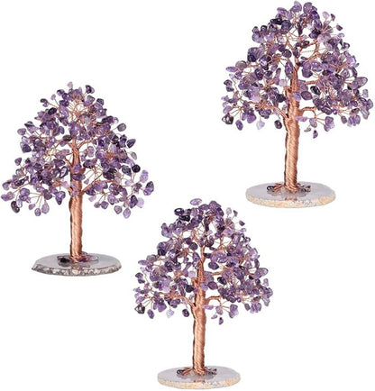 Natural Healing Crystal Tree of Prosperity Wire Wrapped on Agate Base Handmade Money Tree Bonsai Home Office Decoration for Good Luck, Amethyst