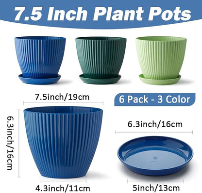 Plastic Plant Pots, 6 Pack 7.5 Inch Flower Pots with Drainage Holes and Saucer, Planters for Indoor Outdoor Plants, Stylish Decor for Home and Garden(Blue, Green, Dark Green)
