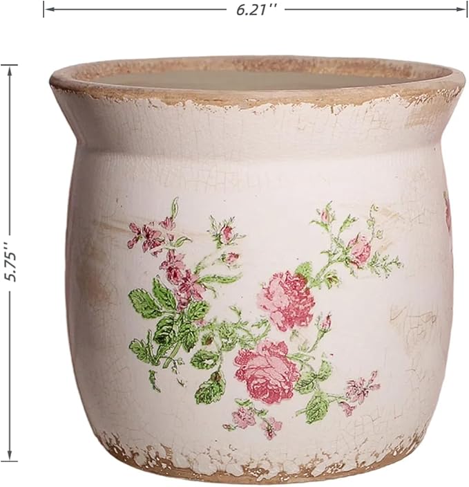 Rustic Ceramic Pots for Plants, 6.21in. Vintage Crackle Glazed Planters for Indoor & Outdoor Plants with Drainage Hole, Unique Planting Pots for Gardening, Tuscan Decor Plant Pots Indoor, Floral