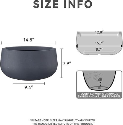 Kante 15.7" Dia Round Concrete Planter, Outdoor Indoor Garden Plant Pots with Drainage Hole and Rubber Plug, Modern Curvaceous Design, Charcoal