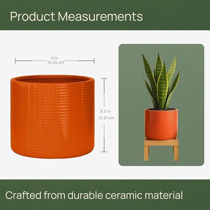 Elegant 6 Inch Ceramic Flower Pot – Indoor & Outdoor Planter for Succulents, Herbs, Small Plants – Includes Dibber & Widger – Thick-Walled Modern Design – Terracotta – 6" x 5.2"