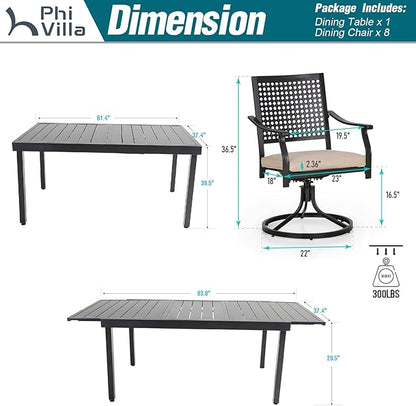 PHI VILLA Outdoor Dining Table and Chairs Set for 8, 9 Pieces Patio Metal Expandable Rectangular Table and Black Swivel Chairs with Cushions, Dining Furniture Set for Backyard, Porch
