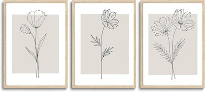 CHMMART 3 Piece Neutral Flower Framed Wall Art Beige Minimalist Floral Canvas Art Prints Boho Botanical Line Pictures Wall Decor Artwork Painting for Living Room Bedroom Office 12x16in