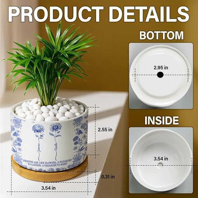 Personalized Ceramic Plant Pot - Toile De Jouy Birth Flower Grow an Old Friend - Trendy France-China Inspired Design - Christmas Birthday Gift for Girl Friends Besties BFF Best Friend