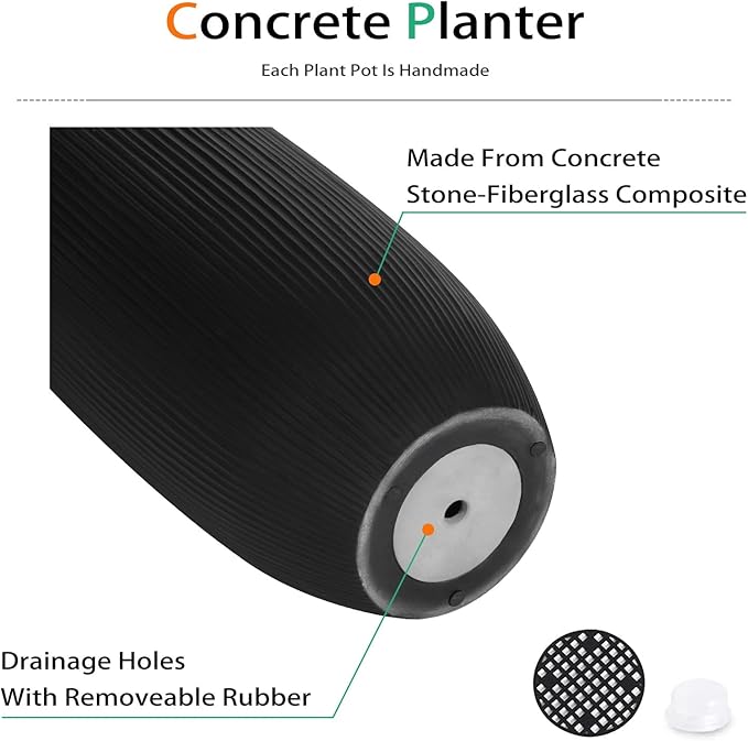 Tall Planters for Outdoor Plants, Large Concrete Flower Pots for Garden Front Porch, Patio, Indoor (Vertical Black, 24 inch)