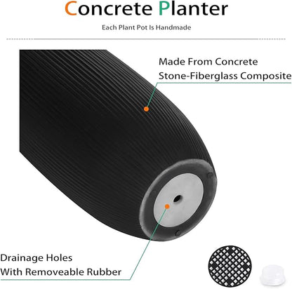 Tall Planters for Outdoor Plants, Large Concrete Flower Pots for Garden Front Porch, Patio, Indoor (Vertical Black, 24 inch)