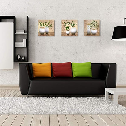 3 Piece Wall Art for Bathroom/Hallway, SZ HD Elegant Canvas Painting Prints of Green Spring Plants in Vases on Beige/Tan Picture (Waterproof Decor, Ready to Hang, 12x12 x3)