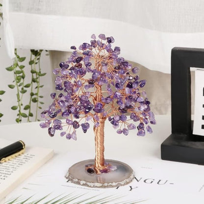 Natural Healing Crystal Tree of Prosperity Wire Wrapped on Agate Base Handmade Money Tree Bonsai Home Office Decoration for Good Luck, Amethyst
