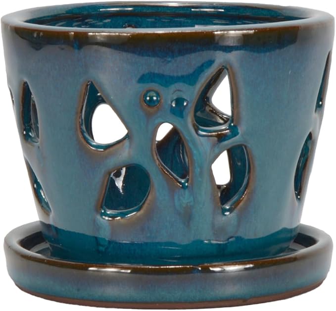 W&W Orchid Pot with Holes and Saucer for Repotting, Teal, 5 Inches