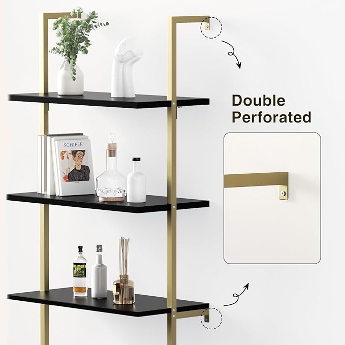 Ladder Bookshelf with Cabinet, 71" Tall Wall Mounted Bookcase with Shelves & Storage, Fluted Ladder Shelf with Metal Frame, 5-Tier Display Rack for Living Room, Home & Office, Bedroom, Black & Gold