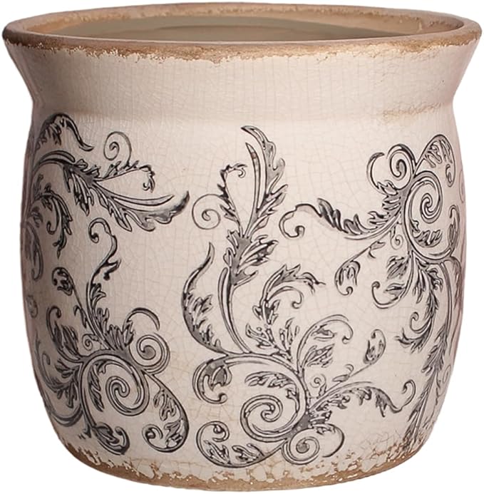 Rustic Ceramic Pots for Plants, 6.21in. Vintage Crackle Glazed Planters for Indoor & Outdoor Plants with Drainage Hole, Unique Planting Pots for Gardening, Tuscan Decor Plant Pots Indoor, Scroll Gray