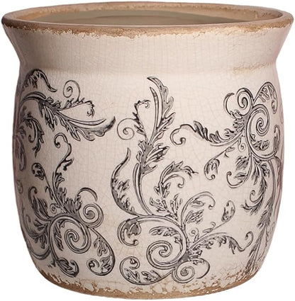 Rustic Ceramic Pots for Plants, 6.21in. Vintage Crackle Glazed Planters for Indoor & Outdoor Plants with Drainage Hole, Unique Planting Pots for Gardening, Tuscan Decor Plant Pots Indoor, Scroll Gray