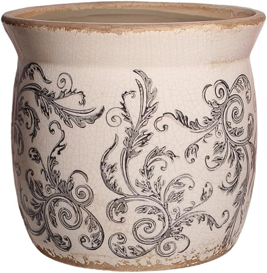 Rustic Ceramic Pots for Plants, 6.21in. Vintage Crackle Glazed Planters for Indoor & Outdoor Plants with Drainage Hole, Unique Planting Pots for Gardening, Tuscan Decor Plant Pots Indoor, Scroll Gray