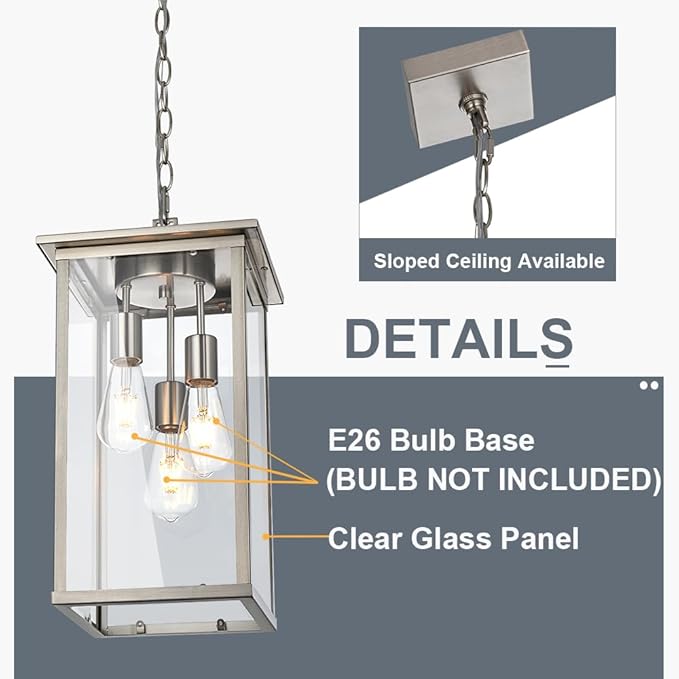 TODOLUZ 3-Lights Outdoor Pendant Light, Modern Brushed Nickel Outdoor Chandelier with Clear Glass, Adjustable Ceiling Mount Porch Light for Entryway Patio