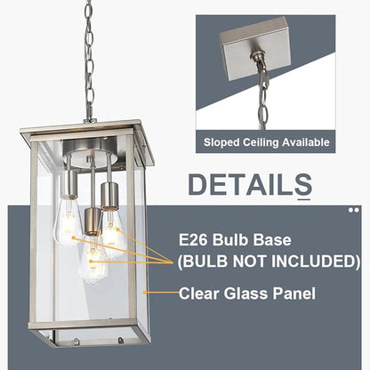 TODOLUZ 3-Lights Outdoor Pendant Light, Modern Brushed Nickel Outdoor Chandelier with Clear Glass, Adjustable Ceiling Mount Porch Light for Entryway Patio