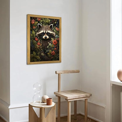 SAMHOU Framed 3D Textured Wall Art, Vintage Hand Drawn Sandstone Raccoon Wall Decor, Dark Academia Animal with Botanical Florals Paintings for Living Room Bedroom Bathroom Home Decor 16x24 inch