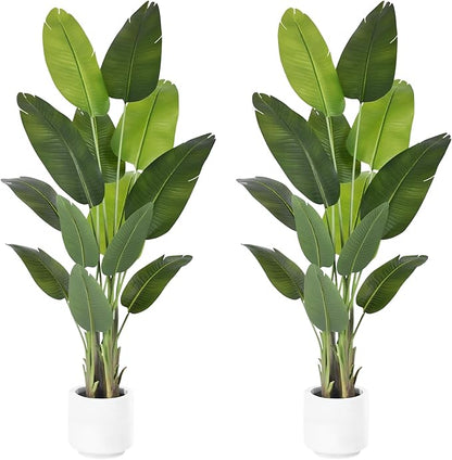 Artificial Bird of Paradise Plant 6Ft Tall Fake Tropical Palm Tree Large Fake Plants with 13 Silk Banana Leaves Faux Plant Indoor Decor Trees with White Pot for Home Bedroom Living Room Office（2pcs）