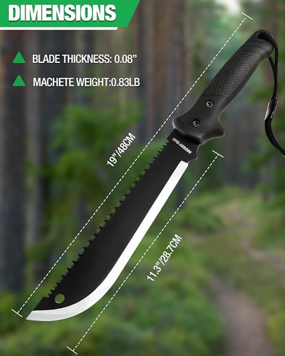 Mossy Oak Machete with Saw, 19" Sharp Machete with Sheath, Ergonomic No-Slip Handle, Machetes for Bushcraft, Outdoor Hunting, Garden Cutting Trees and Yard Work, Christmas Gift for Family