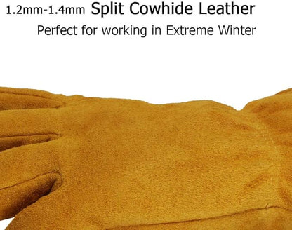 OZERO 2 Pairs Winter Leather Work Gloves for Men Women: Thermal Thick Lining Windproof Water-resistant Glove for Outdoor Cold Weather Working Gold/X-Large