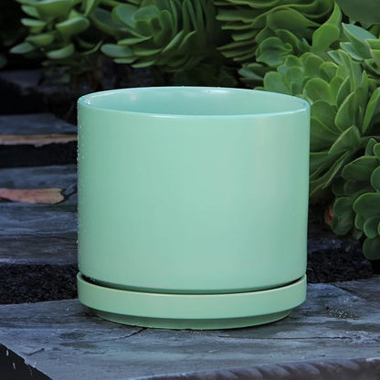PLANTATOREM Ceramic 10 Inch Mid Modern Planter Pot with Drainage Hole and Saucer, Indoor Cylinder Round Flower Pot, Perfect for Planting Succulents, Herbs, Flowers, House Plants, Tea Green