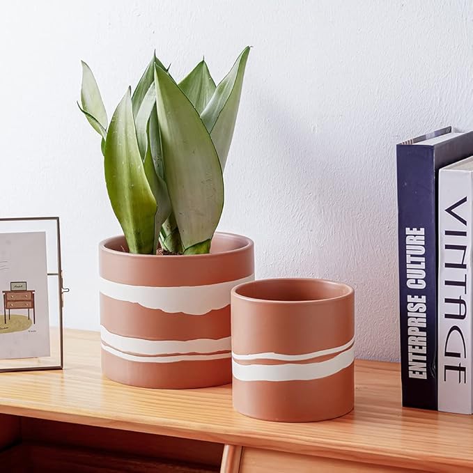 Nihow Modern Ceramic Plant Pot - 5 + 7 Inch Flower Pot for All Indoor Plants - Sturdy Planter Pots with Drainage Hole & Rubber Plugs - Semi-Matte Terracotta & Nature - Plants Not Included