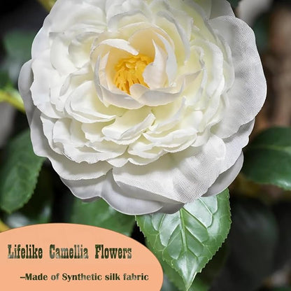 2pc 5ft Decorative Artificial Camellia Tree with White Flowers, Potted Faux Floral Plant, Realistic Blooming Fake Plants for Indoor Outdoor Home Front Door Planter Decor