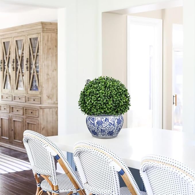 DILATATA Artificial Topiary Boxwood Ball in Blue and White Ceramic Pot, 13 Inch Artificial Boxwood in Planters Decorative Fake Greenery for Table Centerpiece Indoor Plant Home Decor - Large