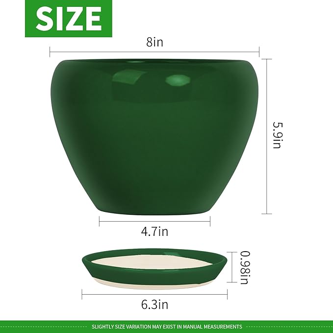 Deep Dream 8 Inch Plant Pots- Ceramic Pots for Plants with Drainage Hole and Saucer, Large Planter Pot for Indoor Plants Outdoor Decor, Green