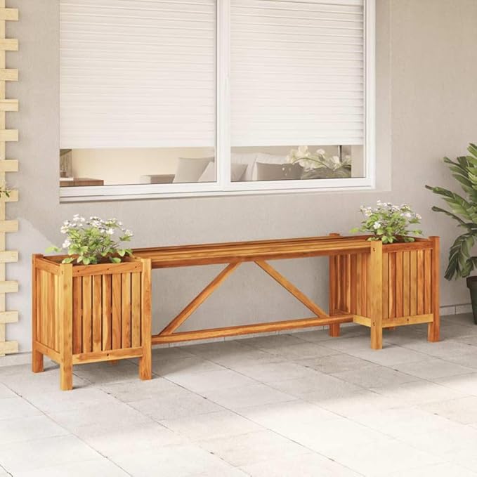 vidaXL Patio Bench with Integrated Flower Planters, Solid Acacia Wood, Light Oil Finish, Weather-Resistant, Ideal for Outdoor Garden, Patio, or Deck