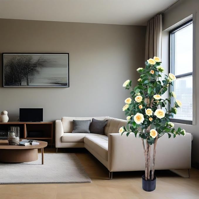 2pc 5ft Decorative Artificial Camellia Tree with YellowFlowers, Potted Faux Floral Plant, Realistic Blooming Fake Plants for Indoor Outdoor Home Front Door Planter Decor