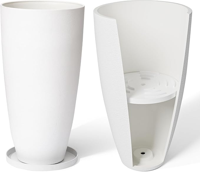 LA JOLIE MUSE 27 Inch Tall White Planters,Set of 2 Tall Round Planters for Indoor Plants with Trays,Modern Tree Planters for Front Door and Patio Deck