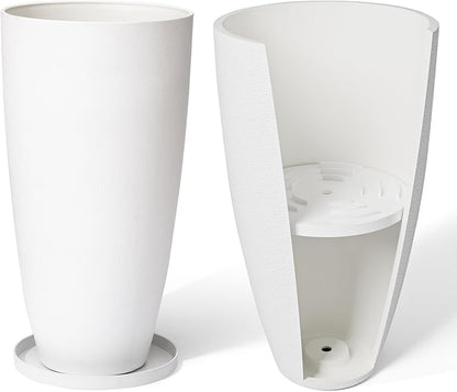 LA JOLIE MUSE 27 Inch Tall White Planters,Set of 2 Tall Round Planters for Indoor Plants with Trays,Modern Tree Planters for Front Door and Patio Deck