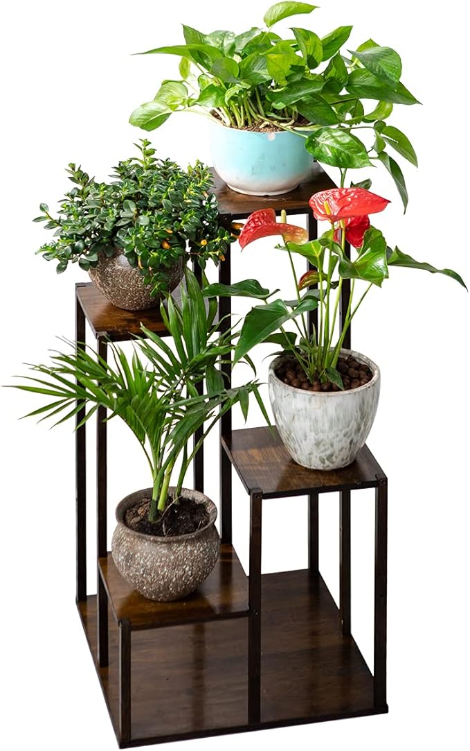 COPREE Bamboo 4 Tiers Plant Stands, Planter Pot Holder Shelf, Indoor Outdoor Flower Display Organizer Storage Rack, Heavy Duty Planter Shelving Unit