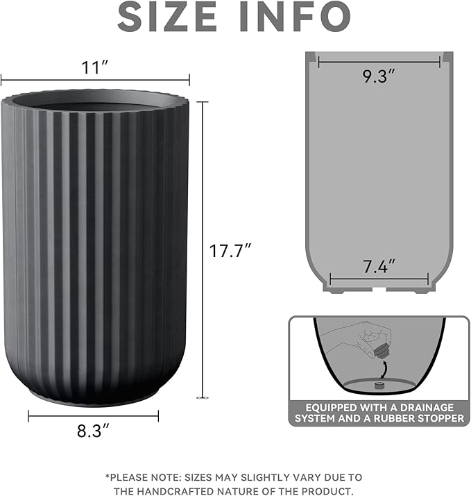 Kante Tall Fulted Planter, 17.7 Inch Tall Round Concrete Plant Pots with Drainage Hole and Rubber Plug, Modern Decor for Indoor Outdoor Plants, Flower, Black