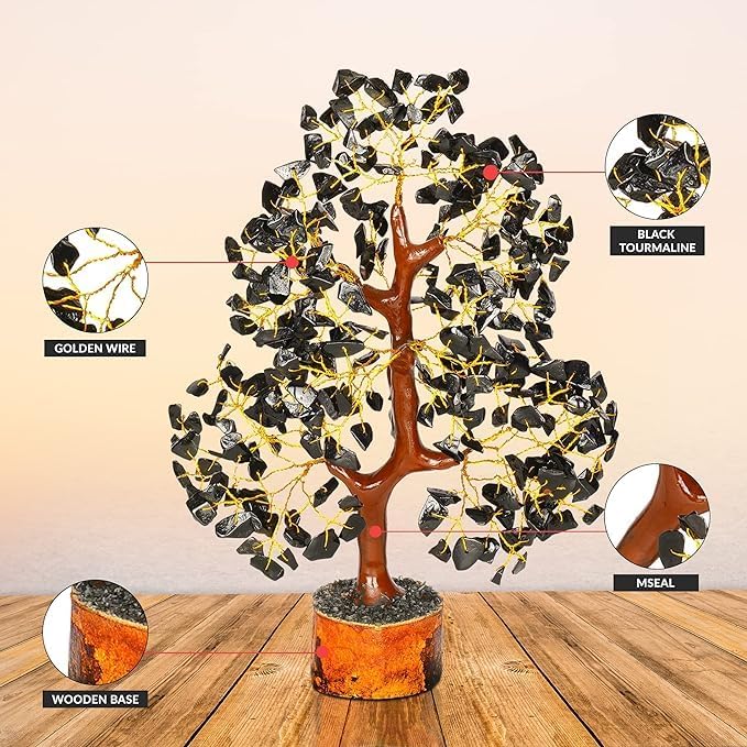 WC Black Tourmaline Chakra Tree of Life - Crystal Tree for Positive Energy, Handmade Gemstone Tree Good Luck Balck Healing Crystals for Sacral Chakra, Prosperity Gift Feng Shui Decor (300 Beads)