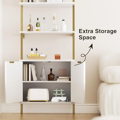 Ladder Bookshelf with Cabinet, 71" Tall Wall Mounted Bookcase with Shelves & Storage, Fluted Ladder Shelf with Metal Frame, 5-Tier Display Rack for Living Room, Home & Office, Bedroom, White & Gold
