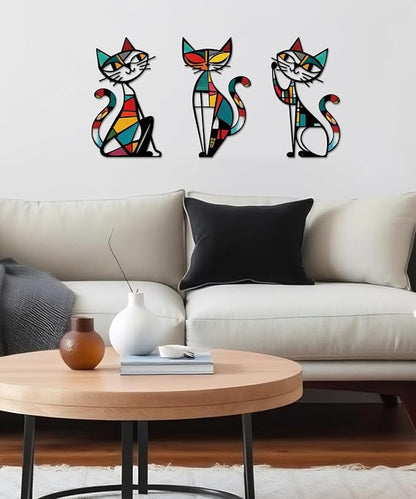 Putuo Decor 3 Pieces Colorful Cat Metal Wall Art, Mid Century Modern Abstract Wall Hanging Sculptures for Cat Lovers Living Room Bedroom Kitchen Hallway Office