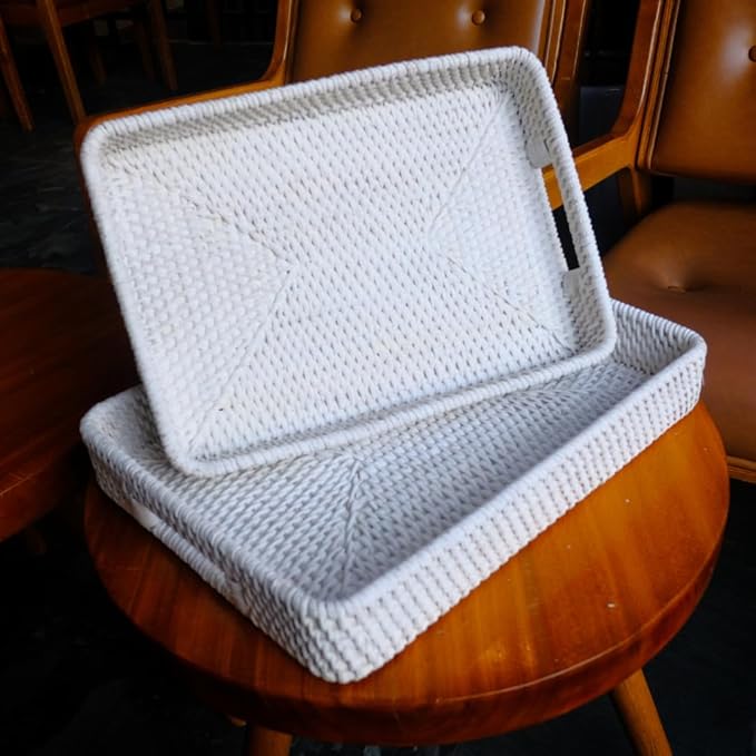 Rectangle Rattan- Handmade Serving Tray-Decorative Woven Ottoman-Trays with Handles for Coffee Table Natural Basket Wave Tray, L-11.7inch & H-2.3inch (White)