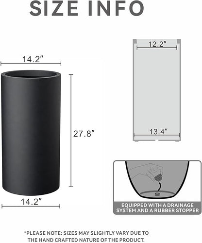 Kante 27.8 Inch Tall Cylindrical Planter, Large Round Plant Pots with Drainage Hole, Made with Concrete, Suitable for Indoor Outdoor Plants, Home Decor, Black