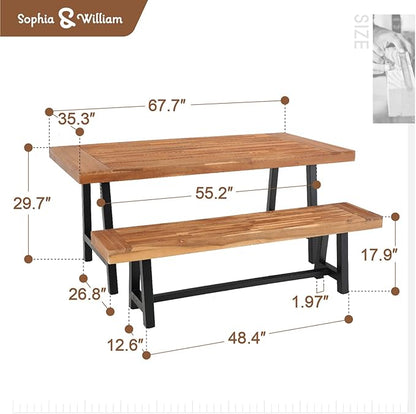 Sophia & William Acacia Wood Patio Dining Set with 1 Table and 2 Benches for 6, Oil Finished Tabletop and Spray Painted Legs, 3 Pieces Patio Dining Furniture for Porch Backyard, Teak and Black