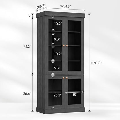 Vyre 70.8" Tall Black Bookshelf with Glass Doors, Farmhouse Modular Bookcase with 6-Tier Adjustable Shelves, Large Storage Cabinet for Home Office, Living Room