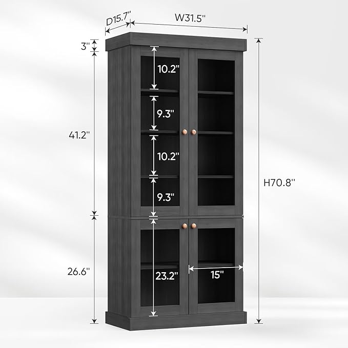 Vyre 70.8" Tall Black Bookshelf with Glass Doors, Farmhouse Modular Bookcase with 6-Tier Adjustable Shelves, Large Storage Cabinet for Home Office, Living Room, Set of 2