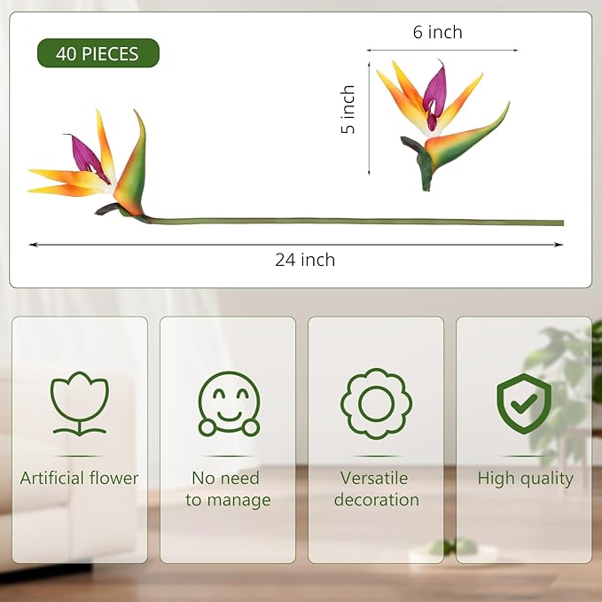 Hanaive 40 Pcs Bird of Paradise Artificial Plant 24 Inches Hawaiian Tropical Flowers Fake Rubber Strelitzia Faux Flowers Bouquet for Home Garden Office Wedding Indoor Outside Party Decor DIY (Yellow)