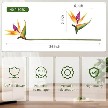 Hanaive 40 Pcs Bird of Paradise Artificial Plant 24 Inches Hawaiian Tropical Flowers Fake Rubber Strelitzia Faux Flowers Bouquet for Home Garden Office Wedding Indoor Outside Party Decor DIY (Yellow)